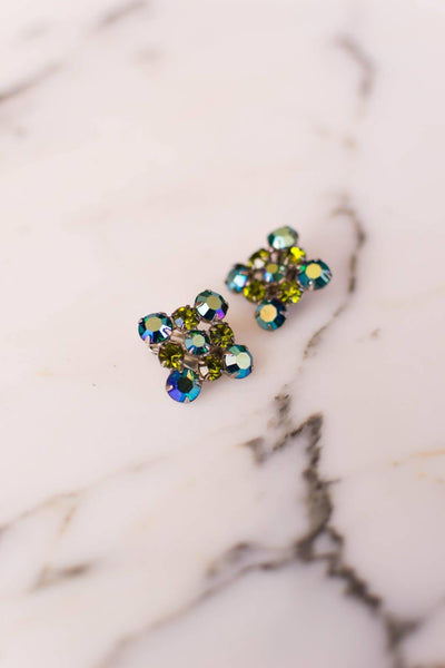 Blue and Green Aurora Borealis Rhinestone Earrings by Unsigned Beauty - Vintage Meet Modern Vintage Jewelry - Chicago, Illinois - #oldhollywoodglamour #vintagemeetmodern #designervintage #jewelrybox #antiquejewelry #vintagejewelry