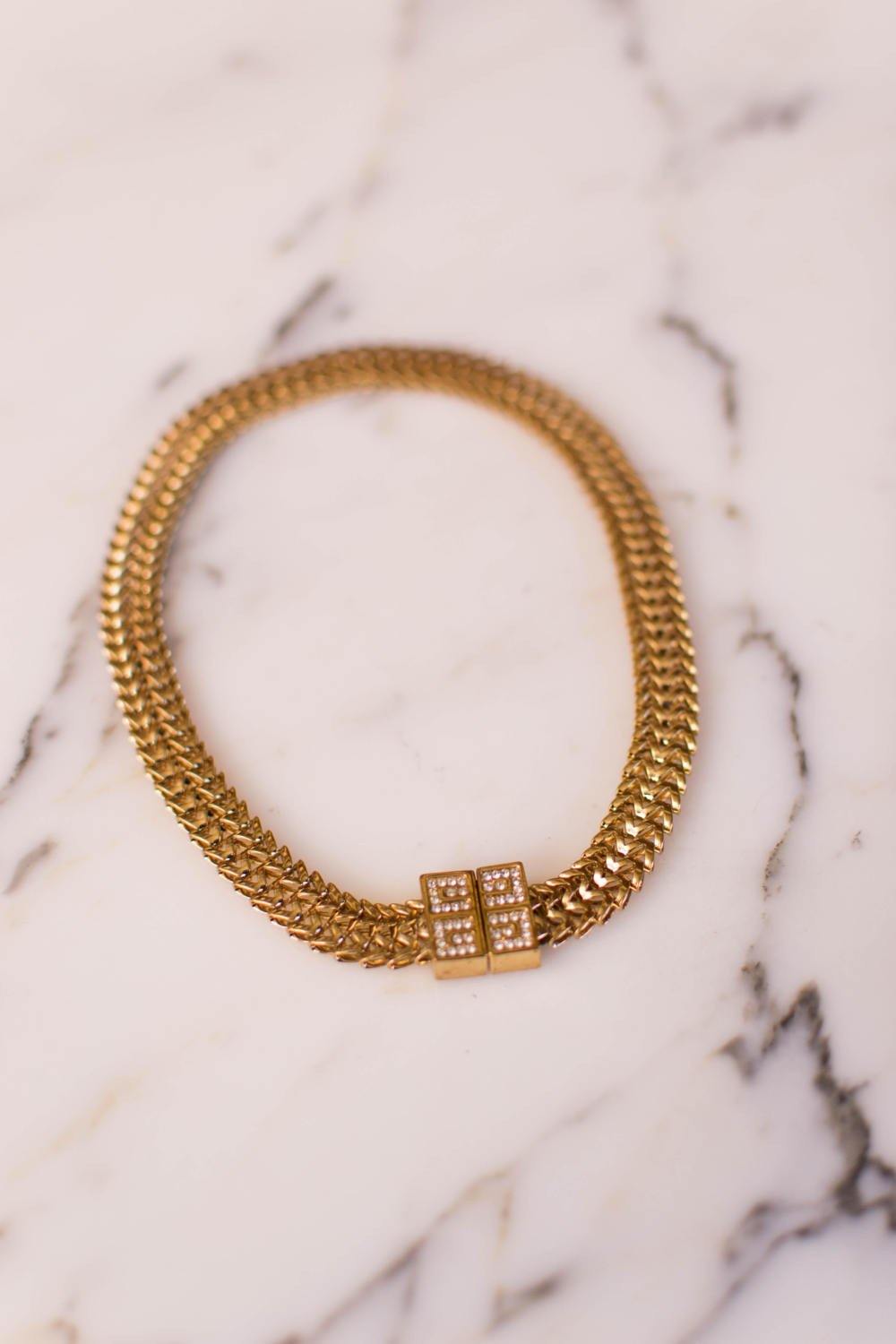 Givenchy Gold Chain Necklace with Rhinestone Logo Clasp