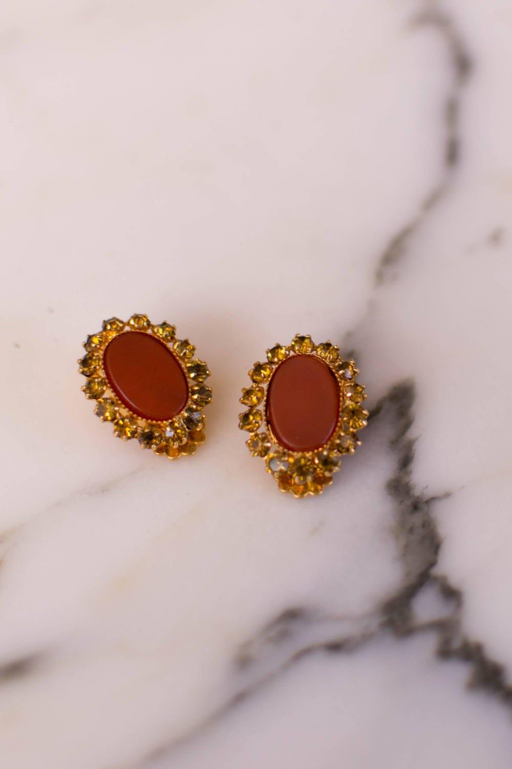 Burnt Orange and Amber Citrine Rhinestone Earrings by Rhinestone Earrings - Vintage Meet Modern Vintage Jewelry - Chicago, Illinois - #oldhollywoodglamour #vintagemeetmodern #designervintage #jewelrybox #antiquejewelry #vintagejewelry