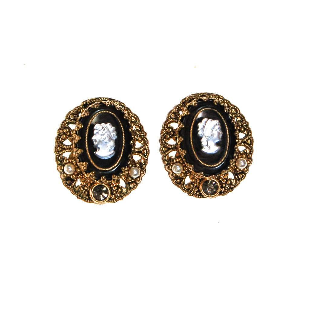 West Germany Cameo Earrings, Black, White, and Gold, Rhinestones, Faux Pearls, Oval Shape, Clip On, 1950s Era