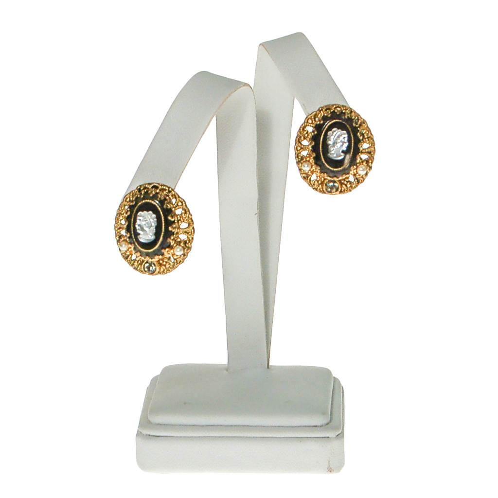 West Germany Cameo Earrings, Black, White, and Gold, Rhinestones, Faux Pearls, Oval Shape, Clip On, 1950s Era by West Germany - Vintage Meet Modern Vintage Jewelry - Chicago, Illinois - #oldhollywoodglamour #vintagemeetmodern #designervintage #jewelrybox #antiquejewelry #vintagejewelry