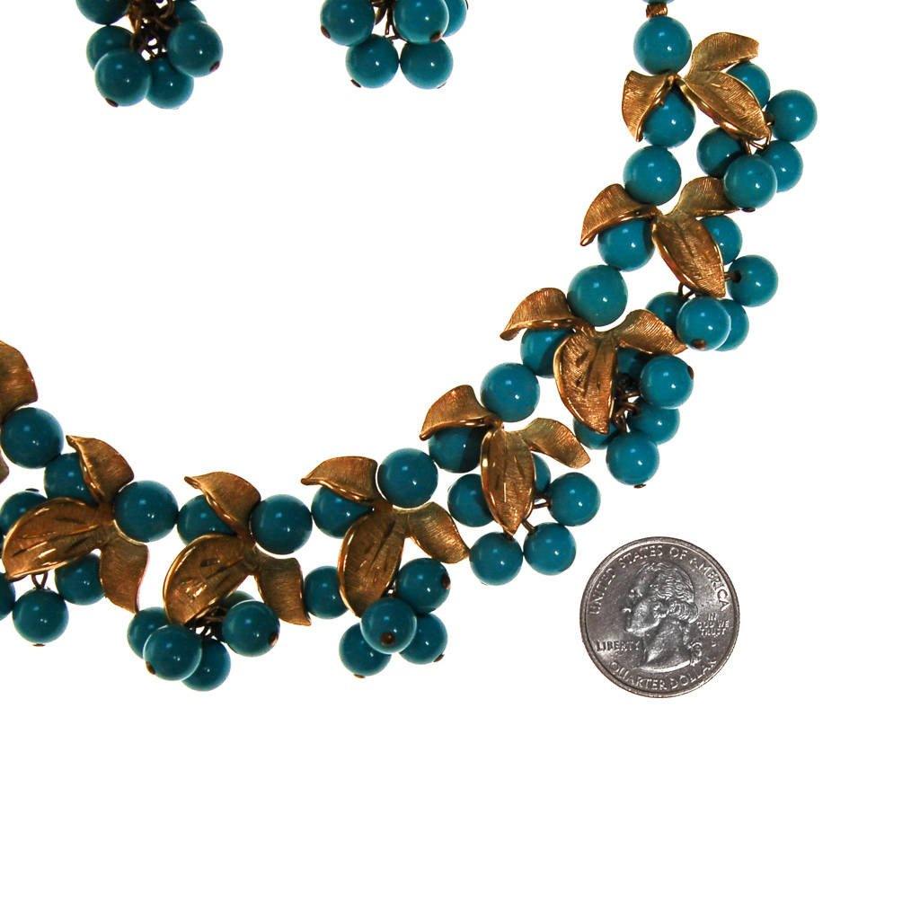 Kramer Turquoise Beads and Gold Leaves Necklace and Earrings Set by Kramer - Vintage Meet Modern Vintage Jewelry - Chicago, Illinois - #oldhollywoodglamour #vintagemeetmodern #designervintage #jewelrybox #antiquejewelry #vintagejewelry