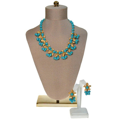 Kramer Turquoise Beads and Gold Leaves Necklace and Earrings Set by Kramer - Vintage Meet Modern Vintage Jewelry - Chicago, Illinois - #oldhollywoodglamour #vintagemeetmodern #designervintage #jewelrybox #antiquejewelry #vintagejewelry