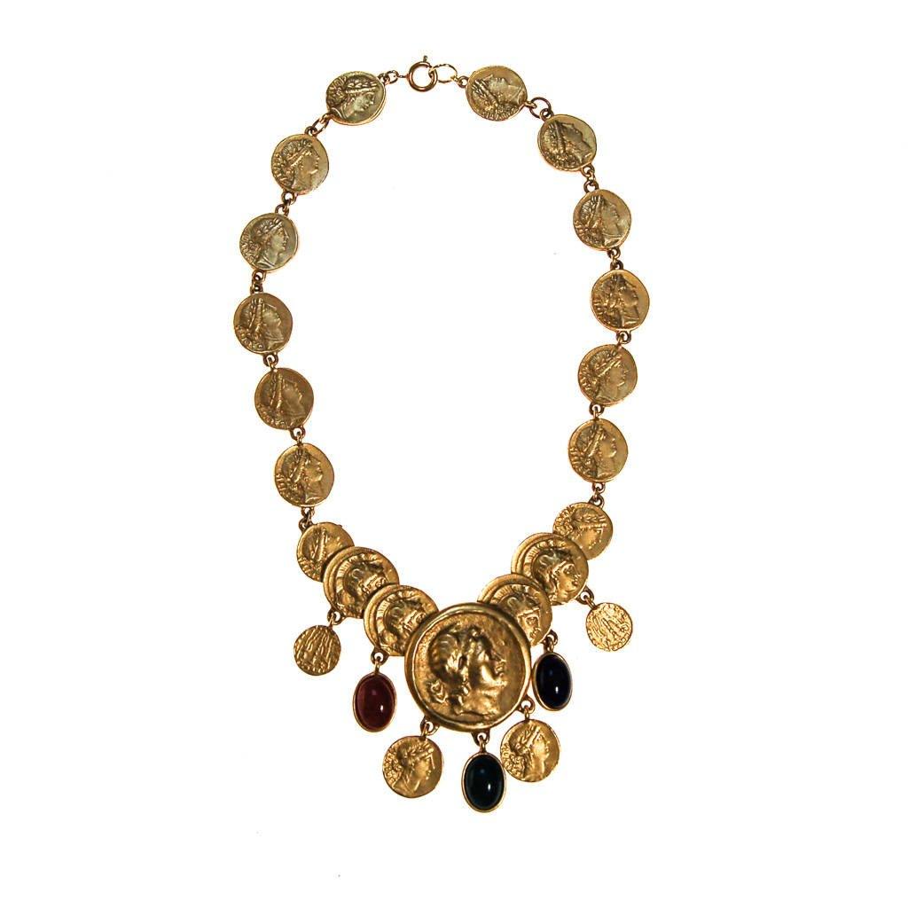 Roman Coin Statement Necklace, Red, Green, Blue Cabochon Accents