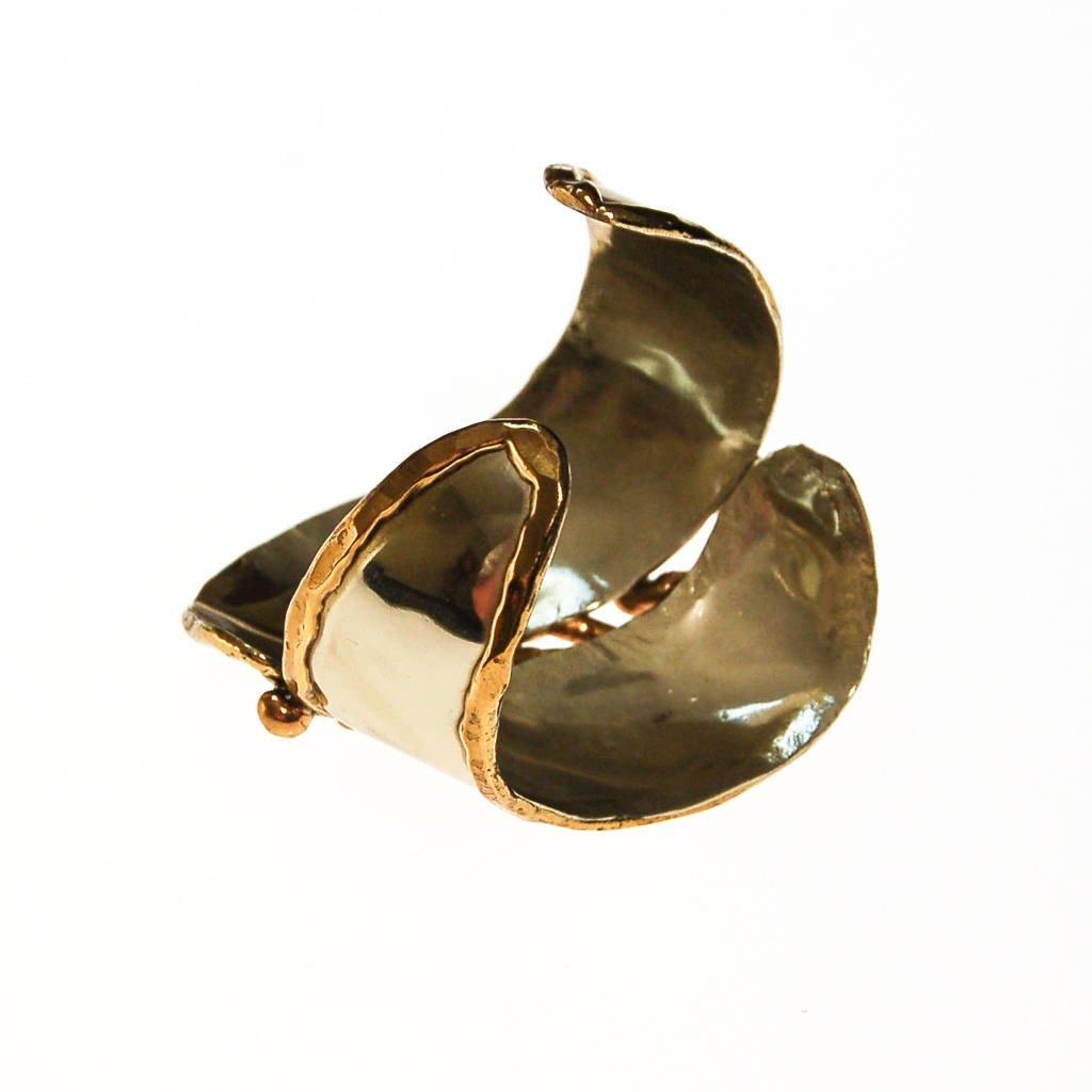 One of a Kind Wide Silver and Gold Brutalist Cuff Bracelet, Handmade by unsigned - Vintage Meet Modern Vintage Jewelry - Chicago, Illinois - #oldhollywoodglamour #vintagemeetmodern #designervintage #jewelrybox #antiquejewelry #vintagejewelry