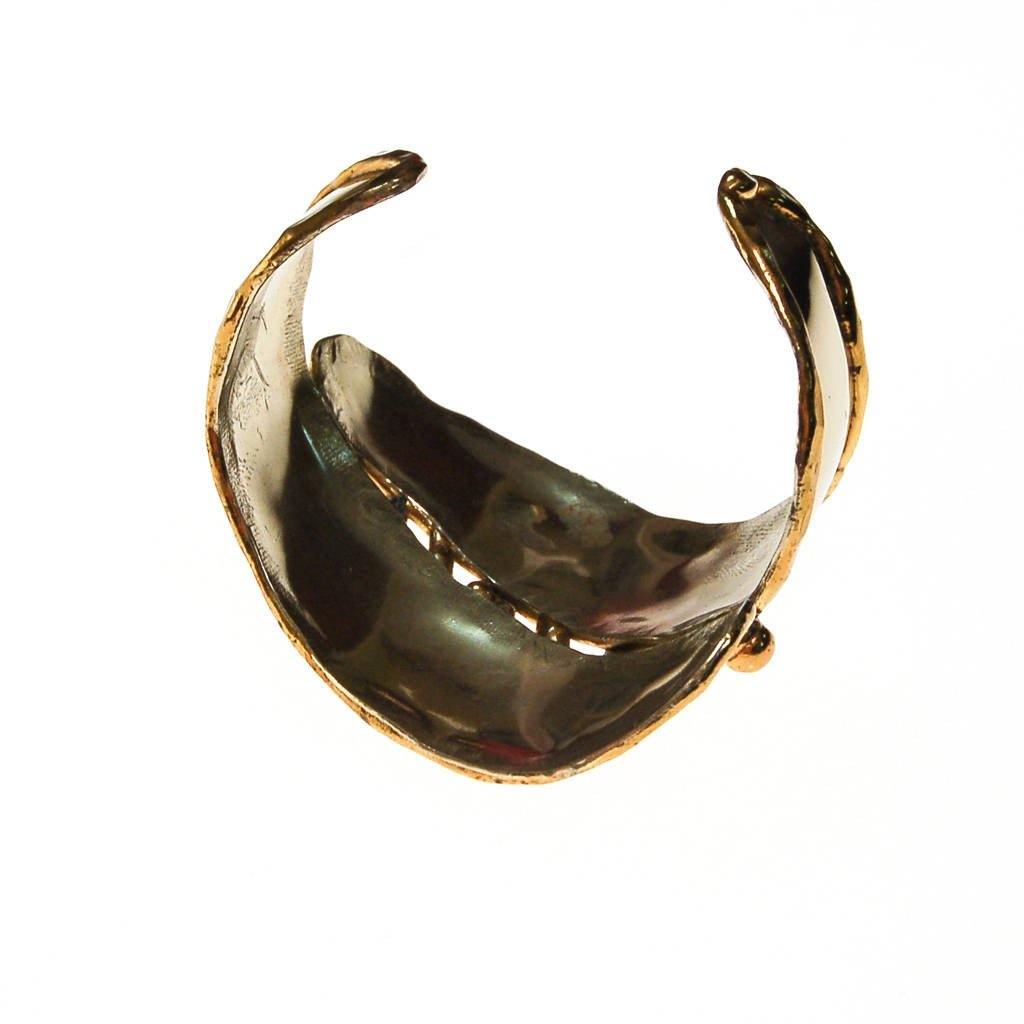 One of a Kind Wide Silver and Gold Brutalist Cuff Bracelet, Handmade by unsigned - Vintage Meet Modern Vintage Jewelry - Chicago, Illinois - #oldhollywoodglamour #vintagemeetmodern #designervintage #jewelrybox #antiquejewelry #vintagejewelry