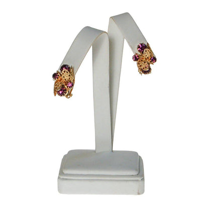 Purple Rhinestone and Gold Filigree Leaf Earrings, Clip On by unsigned - Vintage Meet Modern Vintage Jewelry - Chicago, Illinois - #oldhollywoodglamour #vintagemeetmodern #designervintage #jewelrybox #antiquejewelry #vintagejewelry