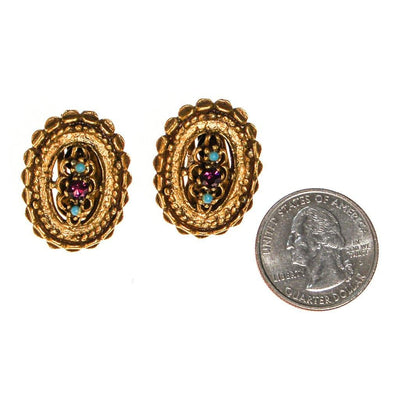 Antique Gold Tone Oval Earrings with Purple and Turquoise Rhinestones by unsigned - Vintage Meet Modern Vintage Jewelry - Chicago, Illinois - #oldhollywoodglamour #vintagemeetmodern #designervintage #jewelrybox #antiquejewelry #vintagejewelry