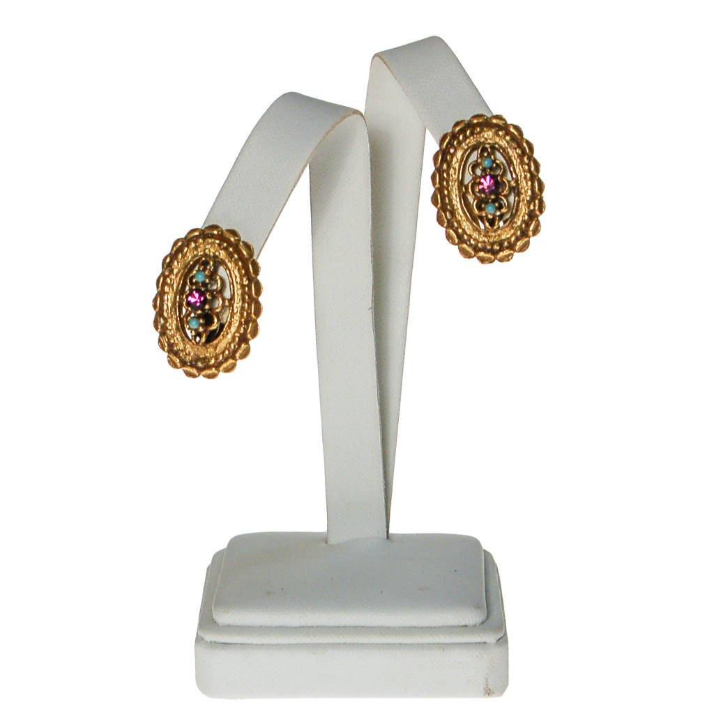 Antique Gold Tone Oval Earrings with Purple and Turquoise Rhinestones by unsigned - Vintage Meet Modern Vintage Jewelry - Chicago, Illinois - #oldhollywoodglamour #vintagemeetmodern #designervintage #jewelrybox #antiquejewelry #vintagejewelry
