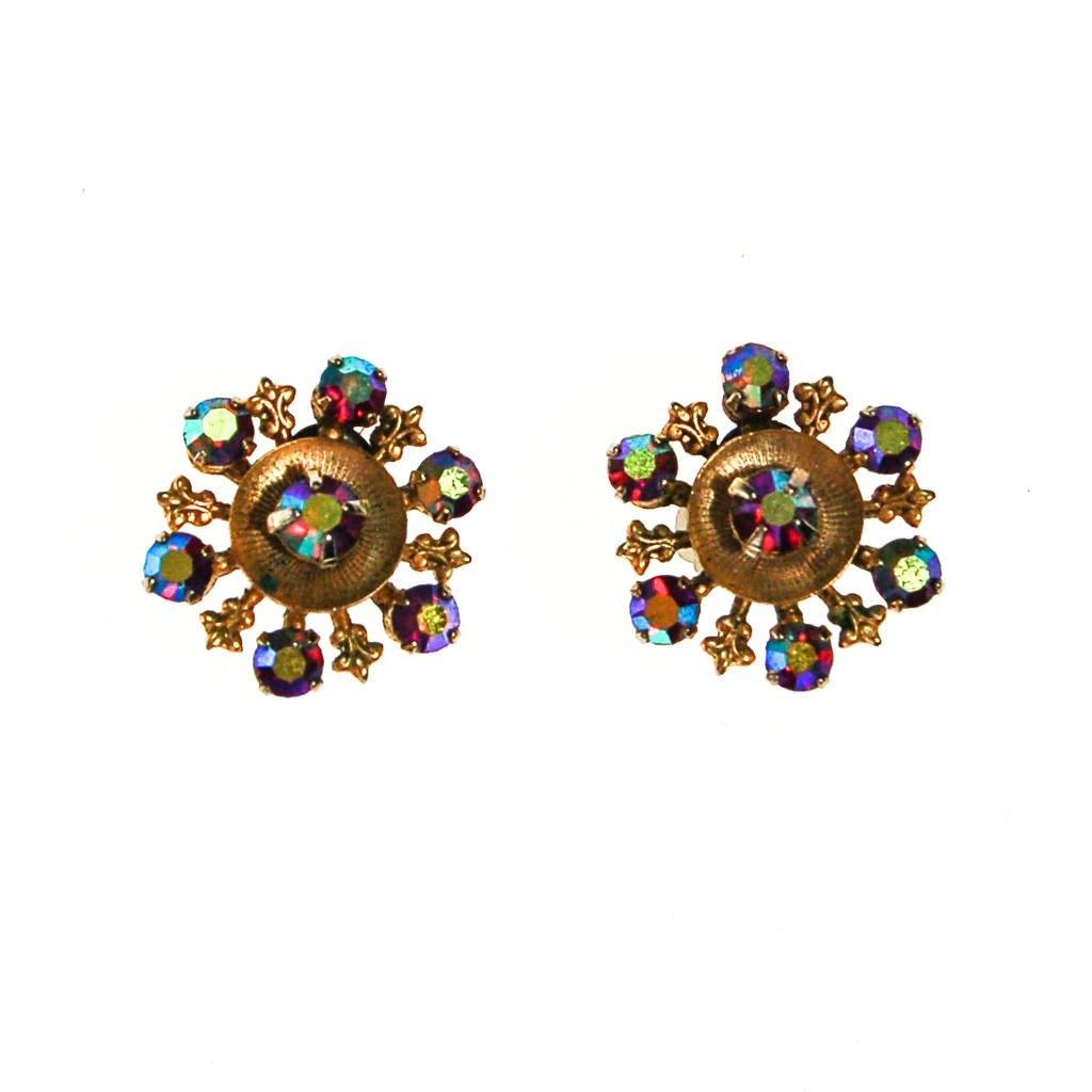 Red Aurora Borealis Rhinestone Earrings, Iridescent, Rainbow, Sparkly, Petite, Small by Aurora Borealis - Vintage Meet Modern Vintage Jewelry - Chicago, Illinois - #oldhollywoodglamour #vintagemeetmodern #designervintage #jewelrybox #antiquejewelry #vintagejewelry