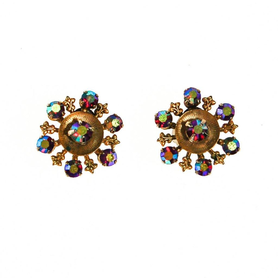 Red Aurora Borealis Rhinestone Earrings, Iridescent, Rainbow, Sparkly, Petite, Small by Aurora Borealis - Vintage Meet Modern Vintage Jewelry - Chicago, Illinois - #oldhollywoodglamour #vintagemeetmodern #designervintage #jewelrybox #antiquejewelry #vintagejewelry
