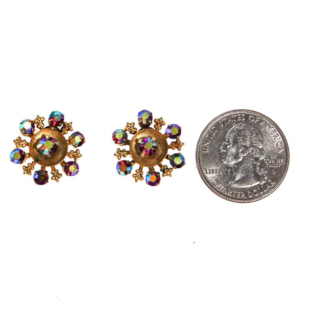 Red Aurora Borealis Rhinestone Earrings, Iridescent, Rainbow, Sparkly, Petite, Small by Aurora Borealis - Vintage Meet Modern Vintage Jewelry - Chicago, Illinois - #oldhollywoodglamour #vintagemeetmodern #designervintage #jewelrybox #antiquejewelry #vintagejewelry