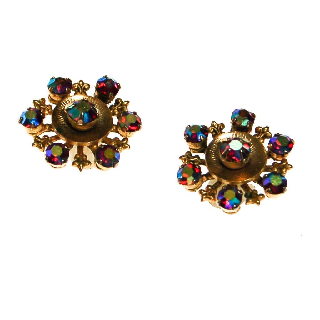 Red Aurora Borealis Rhinestone Earrings, Iridescent, Rainbow, Sparkly, Petite, Small by Aurora Borealis - Vintage Meet Modern Vintage Jewelry - Chicago, Illinois - #oldhollywoodglamour #vintagemeetmodern #designervintage #jewelrybox #antiquejewelry #vintagejewelry