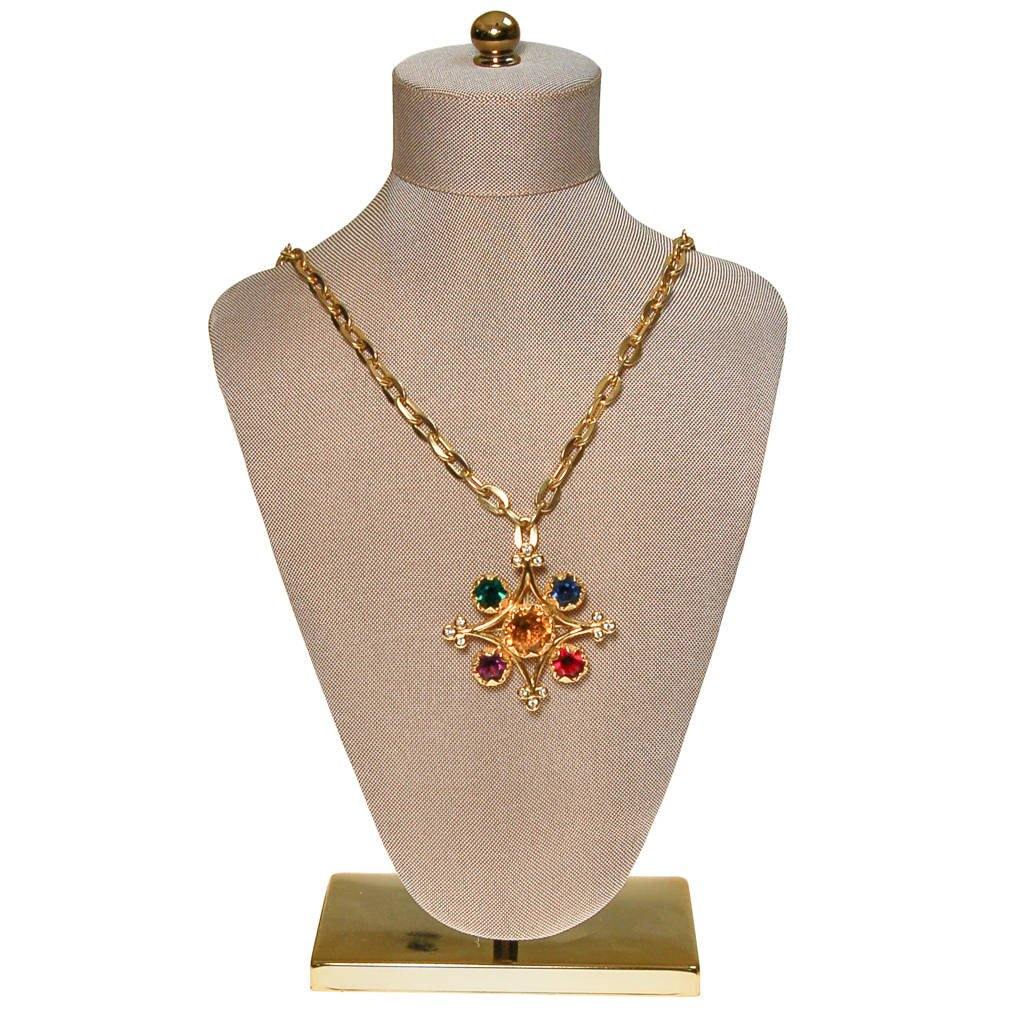 YSL Colorful Crystal Cross Statement Necklace by Yves Saint Laurent - Vintage Meet Modern Vintage Jewelry - Chicago, Illinois - #oldhollywoodglamour #vintagemeetmodern #designervintage #jewelrybox #antiquejewelry #vintagejewelry