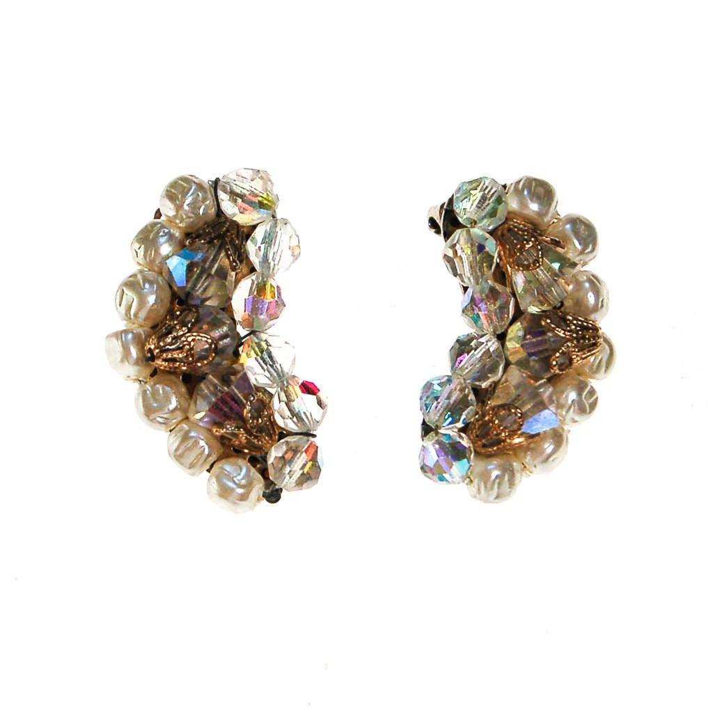 Pearl and Aurora Borealis Crystal Ear Crawler Earrings by Aurora Borealis - Vintage Meet Modern Vintage Jewelry - Chicago, Illinois - #oldhollywoodglamour #vintagemeetmodern #designervintage #jewelrybox #antiquejewelry #vintagejewelry
