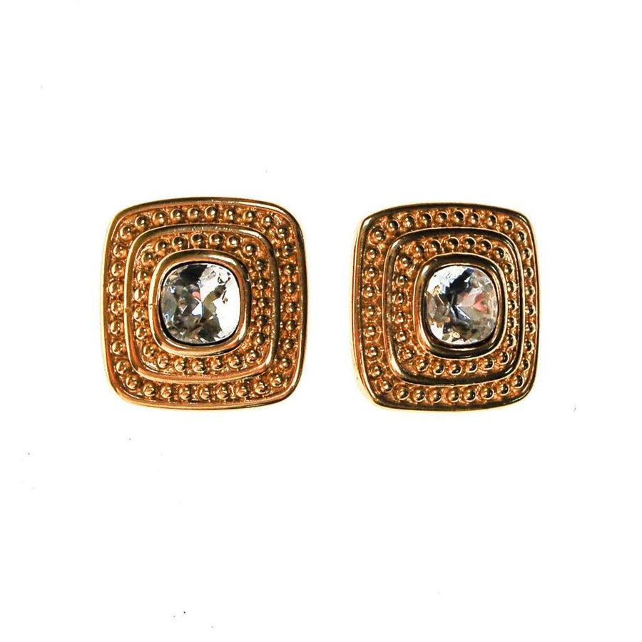 Givenchy Couture Gold Square Earrings with Rhinestone Center by Givenchy - Vintage Meet Modern Vintage Jewelry - Chicago, Illinois - #oldhollywoodglamour #vintagemeetmodern #designervintage #jewelrybox #antiquejewelry #vintagejewelry