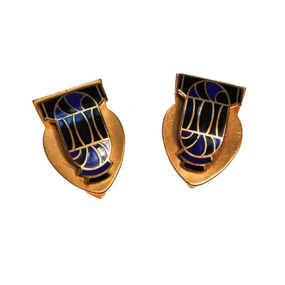 Art Deco Fur Clips, Black, Blue, and Gold Tone, Egyptian Revival Influence by unsigned - Vintage Meet Modern Vintage Jewelry - Chicago, Illinois - #oldhollywoodglamour #vintagemeetmodern #designervintage #jewelrybox #antiquejewelry #vintagejewelry