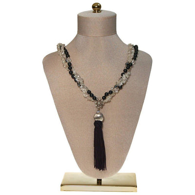 Black Bead and Quartz Crystal and  Long Tassel necklace by unsigned - Vintage Meet Modern Vintage Jewelry - Chicago, Illinois - #oldhollywoodglamour #vintagemeetmodern #designervintage #jewelrybox #antiquejewelry #vintagejewelry