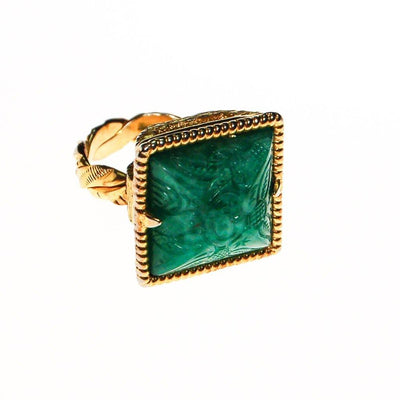 Carved Faux Jade Statement Ring, Gold Tone, Braided Band by unsigned - Vintage Meet Modern Vintage Jewelry - Chicago, Illinois - #oldhollywoodglamour #vintagemeetmodern #designervintage #jewelrybox #antiquejewelry #vintagejewelry