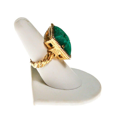 Carved Faux Jade Statement Ring, Gold Tone, Braided Band by unsigned - Vintage Meet Modern Vintage Jewelry - Chicago, Illinois - #oldhollywoodglamour #vintagemeetmodern #designervintage #jewelrybox #antiquejewelry #vintagejewelry