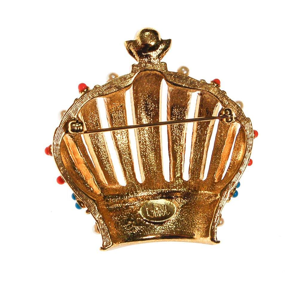 Joan Rivers Royal Crown Brooch, Gold Tone, Coral, Turquoise, and Faux Seed Pearl Accents by Joan Rivers - Vintage Meet Modern Vintage Jewelry - Chicago, Illinois - #oldhollywoodglamour #vintagemeetmodern #designervintage #jewelrybox #antiquejewelry #vintagejewelry