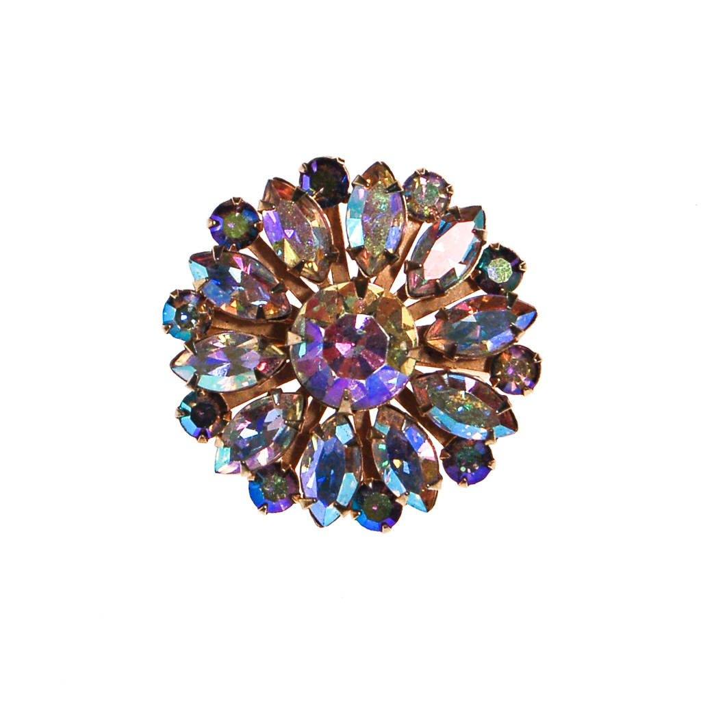 Round Aurora Borealis Rhinestone Brooch, Pin by Aurora Borealis - Vintage Meet Modern Vintage Jewelry - Chicago, Illinois - #oldhollywoodglamour #vintagemeetmodern #designervintage #jewelrybox #antiquejewelry #vintagejewelry