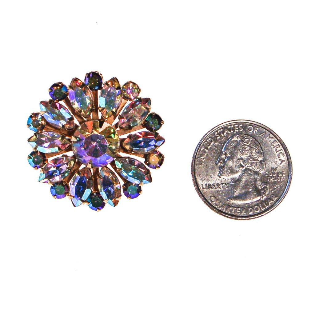 Round Aurora Borealis Rhinestone Brooch, Pin by Aurora Borealis - Vintage Meet Modern Vintage Jewelry - Chicago, Illinois - #oldhollywoodglamour #vintagemeetmodern #designervintage #jewelrybox #antiquejewelry #vintagejewelry