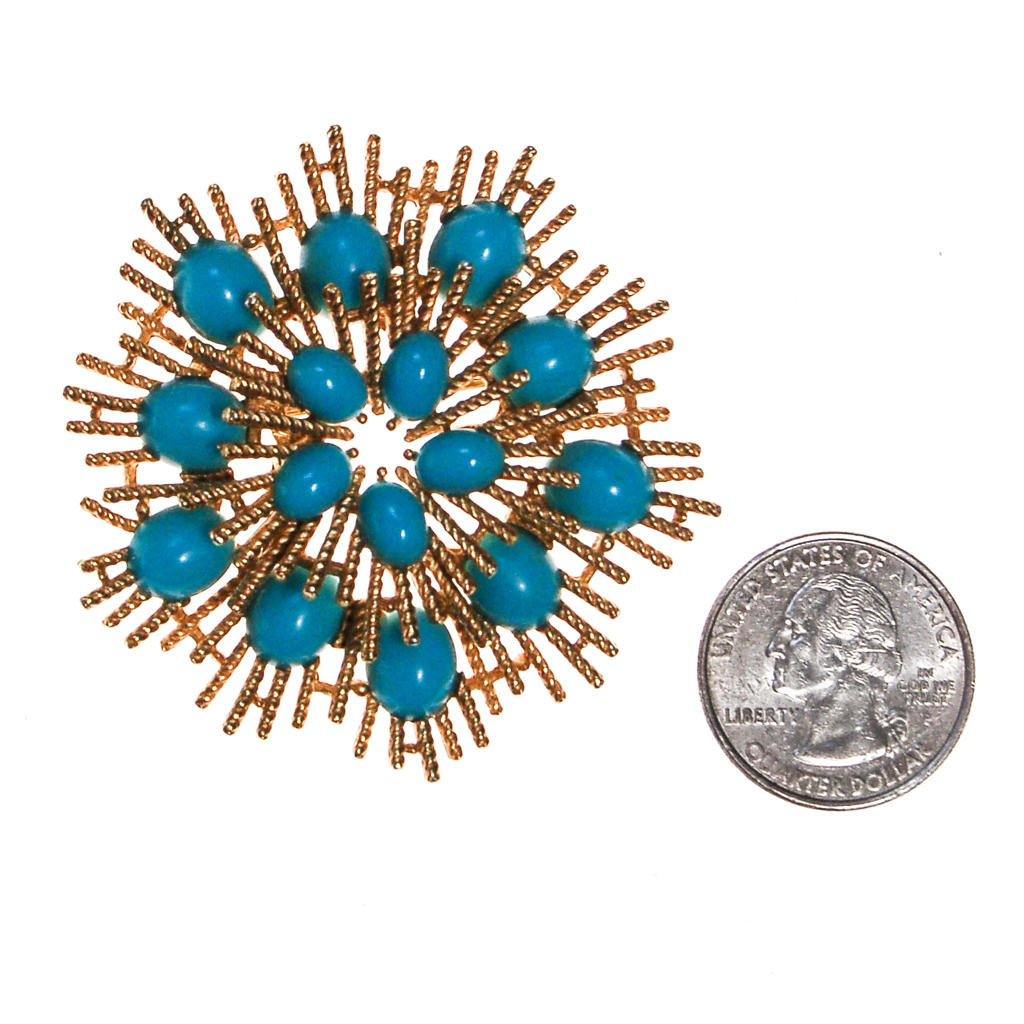 Avon Gold Atomic Burst Brooch with Turquoise Lucite Cabochons by Avon - Vintage Meet Modern Vintage Jewelry - Chicago, Illinois - #oldhollywoodglamour #vintagemeetmodern #designervintage #jewelrybox #antiquejewelry #vintagejewelry