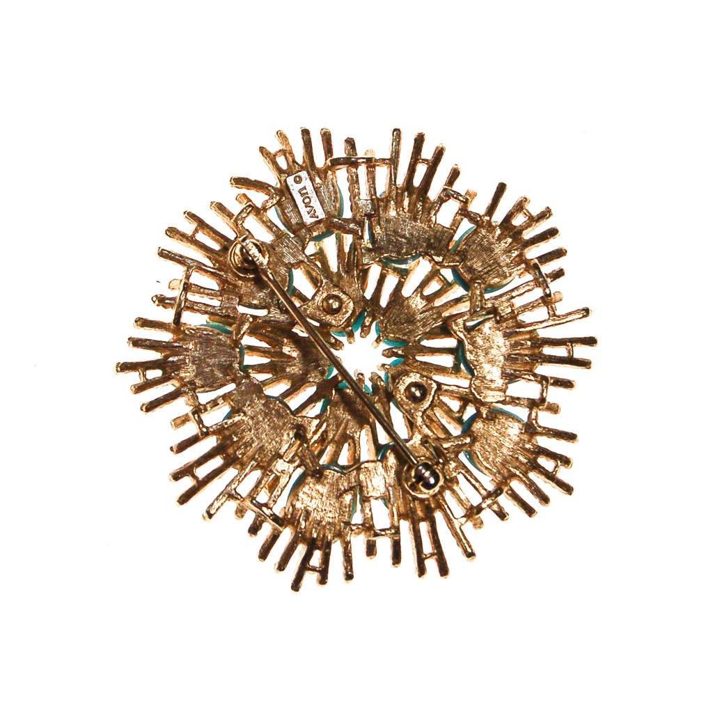 Avon Gold Atomic Burst Brooch with Turquoise Lucite Cabochons by Avon - Vintage Meet Modern Vintage Jewelry - Chicago, Illinois - #oldhollywoodglamour #vintagemeetmodern #designervintage #jewelrybox #antiquejewelry #vintagejewelry