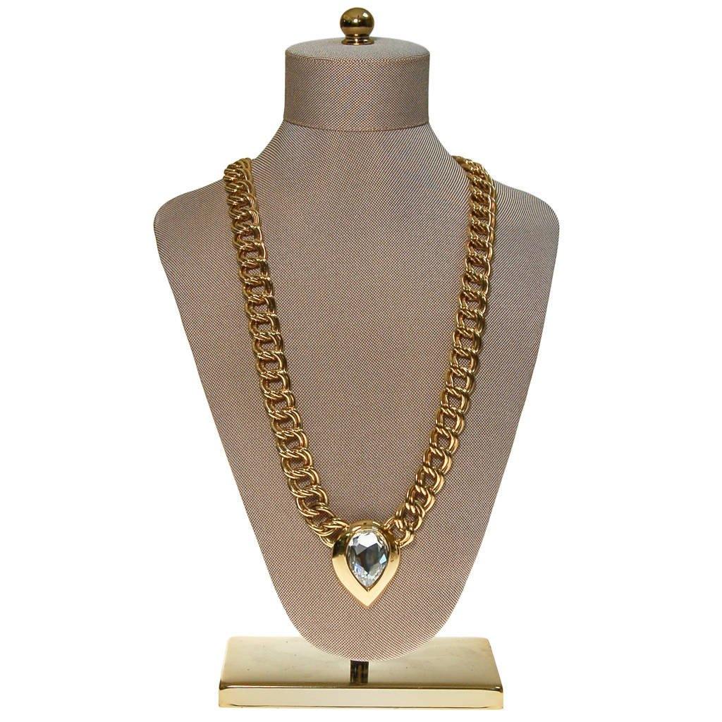 Gold Napier Statement Necklace with Huge Pear Cut Swarovski Rhinestone Crystal by Napier - Vintage Meet Modern Vintage Jewelry - Chicago, Illinois - #oldhollywoodglamour #vintagemeetmodern #designervintage #jewelrybox #antiquejewelry #vintagejewelry