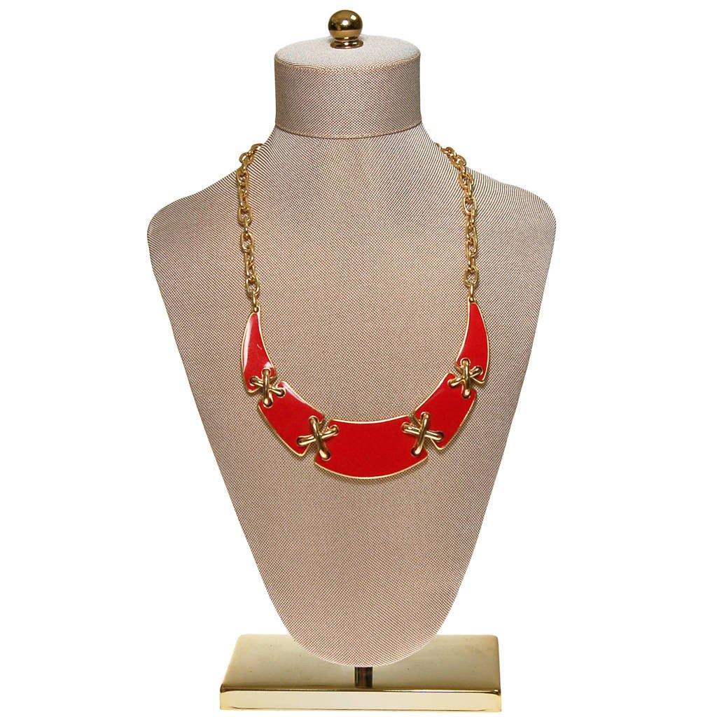 Gold and Red Enamel Statement Necklace by Monet, Collar Style by Monet - Vintage Meet Modern Vintage Jewelry - Chicago, Illinois - #oldhollywoodglamour #vintagemeetmodern #designervintage #jewelrybox #antiquejewelry #vintagejewelry