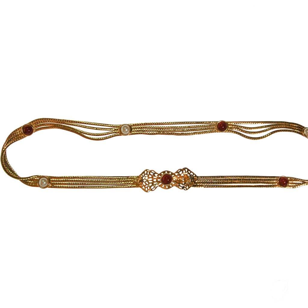 Christian Dior Gold Chain Belt with Carnelian and Pearl Cabochons by Christian Dior - Vintage Meet Modern Vintage Jewelry - Chicago, Illinois - #oldhollywoodglamour #vintagemeetmodern #designervintage #jewelrybox #antiquejewelry #vintagejewelry