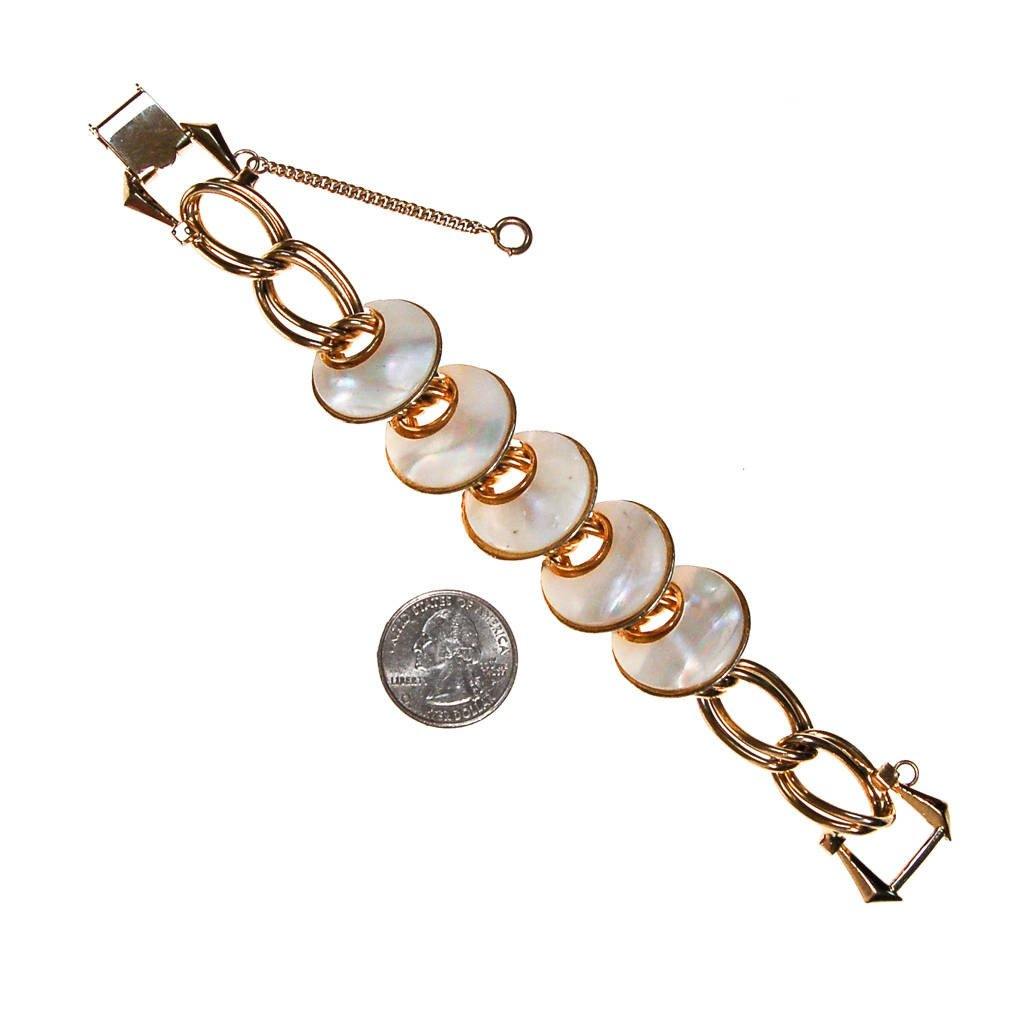 Mother of Pearl Disc and Gold Link Bracelet by Mother of Pearl - Vintage Meet Modern Vintage Jewelry - Chicago, Illinois - #oldhollywoodglamour #vintagemeetmodern #designervintage #jewelrybox #antiquejewelry #vintagejewelry