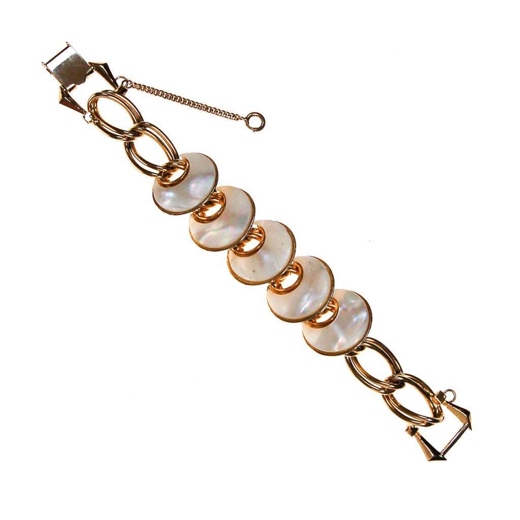 Mother of Pearl Disc and Gold Link Bracelet by Mother of Pearl - Vintage Meet Modern Vintage Jewelry - Chicago, Illinois - #oldhollywoodglamour #vintagemeetmodern #designervintage #jewelrybox #antiquejewelry #vintagejewelry