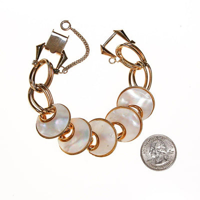 Mother of Pearl Disc and Gold Link Bracelet by Mother of Pearl - Vintage Meet Modern Vintage Jewelry - Chicago, Illinois - #oldhollywoodglamour #vintagemeetmodern #designervintage #jewelrybox #antiquejewelry #vintagejewelry
