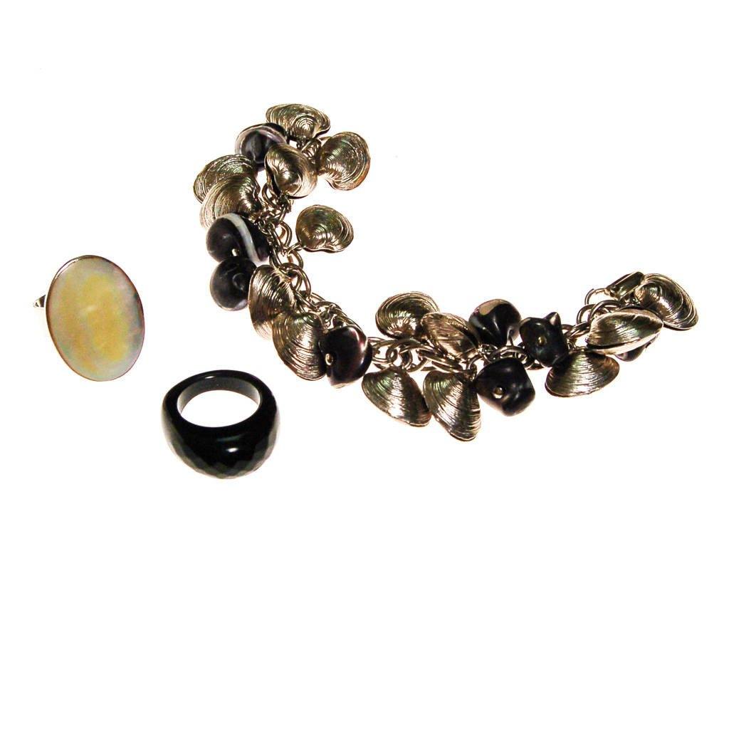 Silver Shell and Black Bead Loaded Charm Bracelet by 1960s - Vintage Meet Modern Vintage Jewelry - Chicago, Illinois - #oldhollywoodglamour #vintagemeetmodern #designervintage #jewelrybox #antiquejewelry #vintagejewelry