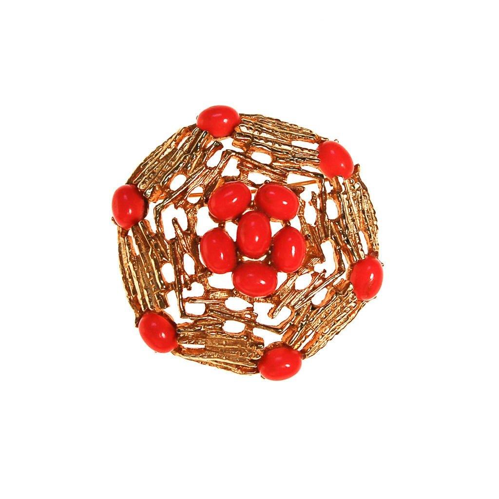 Coral Cabochons on a Gold Medallion Brooch