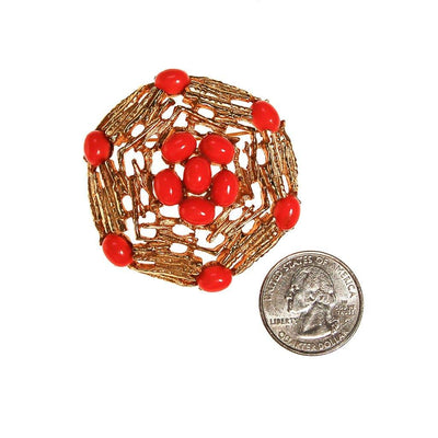 Coral Cabochons on a Gold Medallion Brooch by unsigned - Vintage Meet Modern Vintage Jewelry - Chicago, Illinois - #oldhollywoodglamour #vintagemeetmodern #designervintage #jewelrybox #antiquejewelry #vintagejewelry