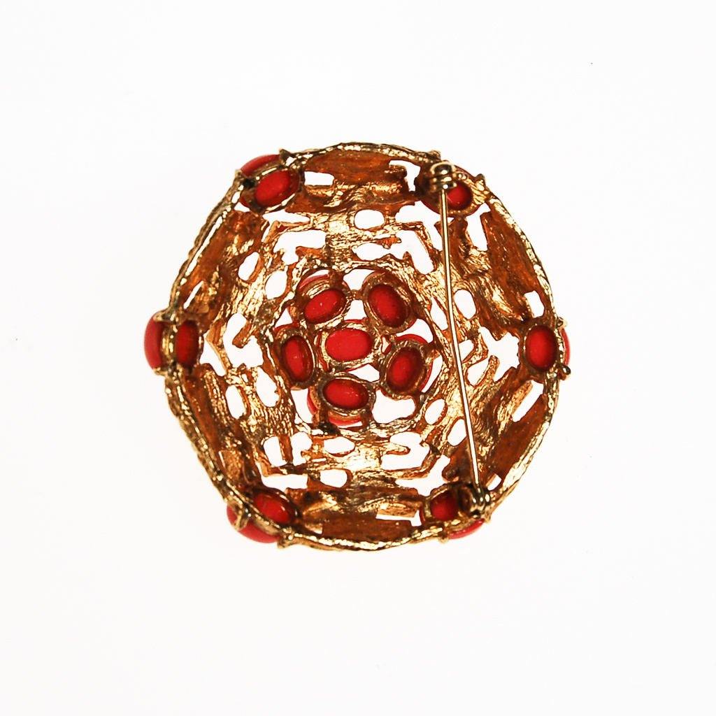 Coral Cabochons on a Gold Medallion Brooch by unsigned - Vintage Meet Modern Vintage Jewelry - Chicago, Illinois - #oldhollywoodglamour #vintagemeetmodern #designervintage #jewelrybox #antiquejewelry #vintagejewelry