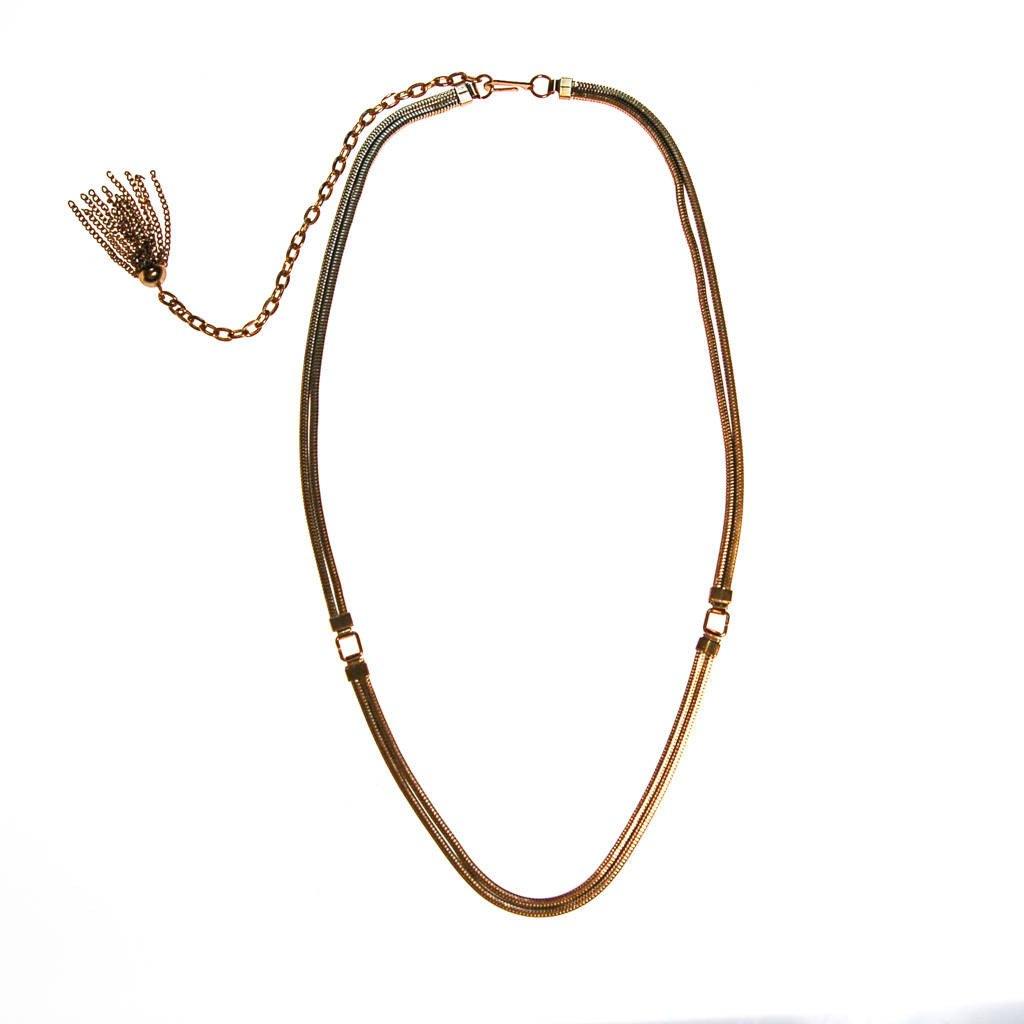 Gold tone Tassel Necklace, Multi-strand by unsigned - Vintage Meet Modern Vintage Jewelry - Chicago, Illinois - #oldhollywoodglamour #vintagemeetmodern #designervintage #jewelrybox #antiquejewelry #vintagejewelry