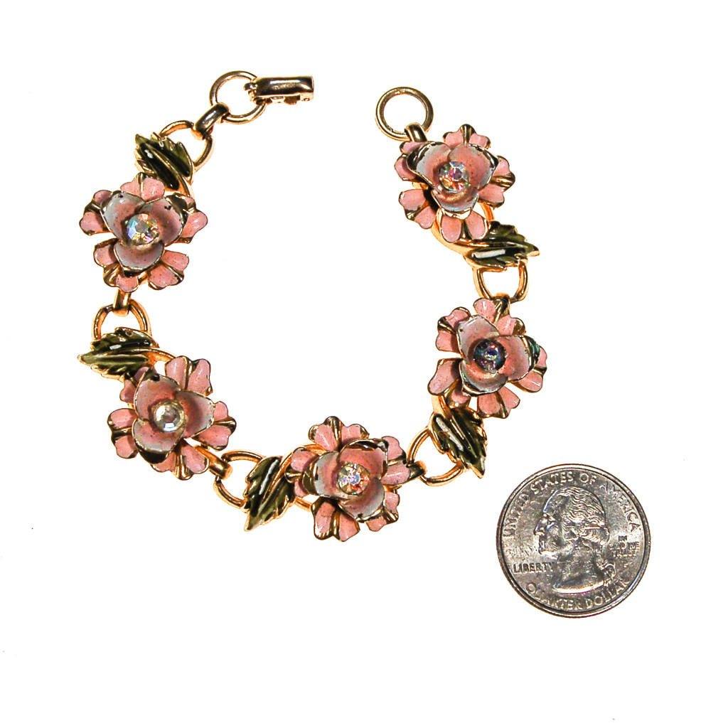 Coro Pale Pink Painted Enamel Rose Bracelet with Iridescent Rhinestone Accents by Coro - Vintage Meet Modern Vintage Jewelry - Chicago, Illinois - #oldhollywoodglamour #vintagemeetmodern #designervintage #jewelrybox #antiquejewelry #vintagejewelry
