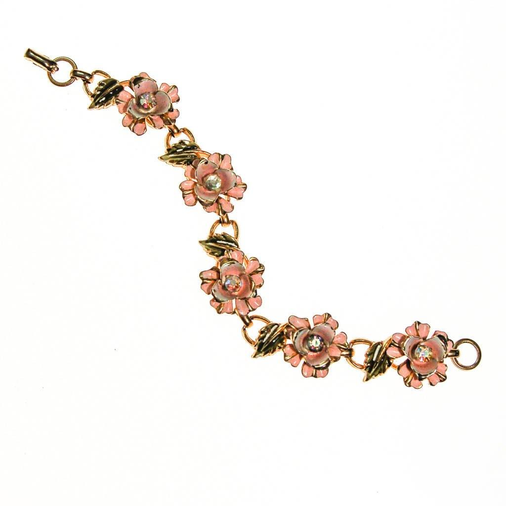 Coro Pale Pink Painted Enamel Rose Bracelet with Iridescent Rhinestone Accents by Coro - Vintage Meet Modern Vintage Jewelry - Chicago, Illinois - #oldhollywoodglamour #vintagemeetmodern #designervintage #jewelrybox #antiquejewelry #vintagejewelry