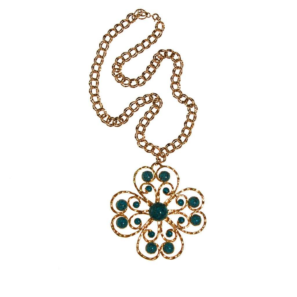 Huge Turquoise and Gold Statement Pendant Necklace, Gold Tone