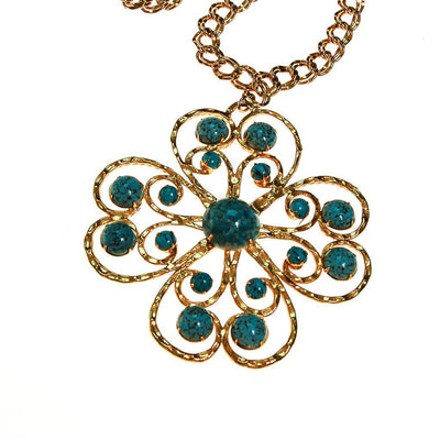 Huge Turquoise and Gold Statement Pendant Necklace, Gold Tone by unsigned - Vintage Meet Modern Vintage Jewelry - Chicago, Illinois - #oldhollywoodglamour #vintagemeetmodern #designervintage #jewelrybox #antiquejewelry #vintagejewelry