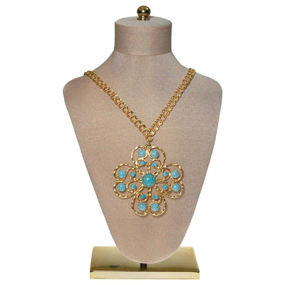 Huge Turquoise and Gold Statement Pendant Necklace, Gold Tone by unsigned - Vintage Meet Modern Vintage Jewelry - Chicago, Illinois - #oldhollywoodglamour #vintagemeetmodern #designervintage #jewelrybox #antiquejewelry #vintagejewelry