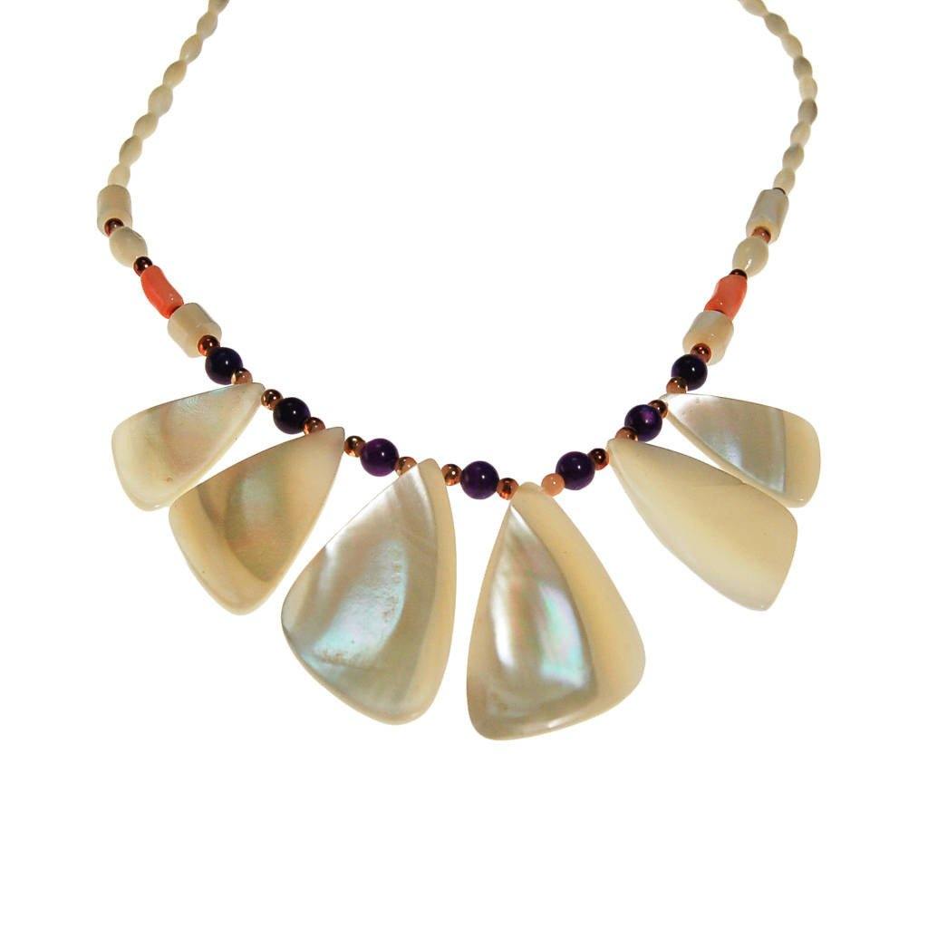 Mother of Pearl, Amethyst, and Coral Beaded Necklace by unsigned - Vintage Meet Modern Vintage Jewelry - Chicago, Illinois - #oldhollywoodglamour #vintagemeetmodern #designervintage #jewelrybox #antiquejewelry #vintagejewelry