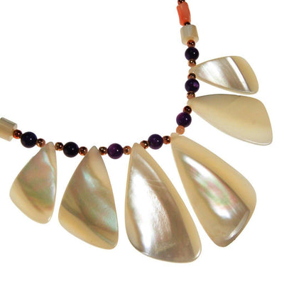Mother of Pearl, Amethyst, and Coral Beaded Necklace by unsigned - Vintage Meet Modern Vintage Jewelry - Chicago, Illinois - #oldhollywoodglamour #vintagemeetmodern #designervintage #jewelrybox #antiquejewelry #vintagejewelry