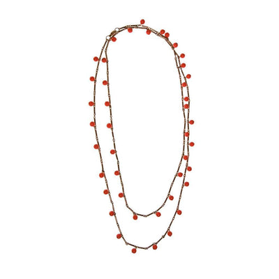 Long Gold Necklace with Coral Orange Beads that Dangle by unsigned - Vintage Meet Modern Vintage Jewelry - Chicago, Illinois - #oldhollywoodglamour #vintagemeetmodern #designervintage #jewelrybox #antiquejewelry #vintagejewelry