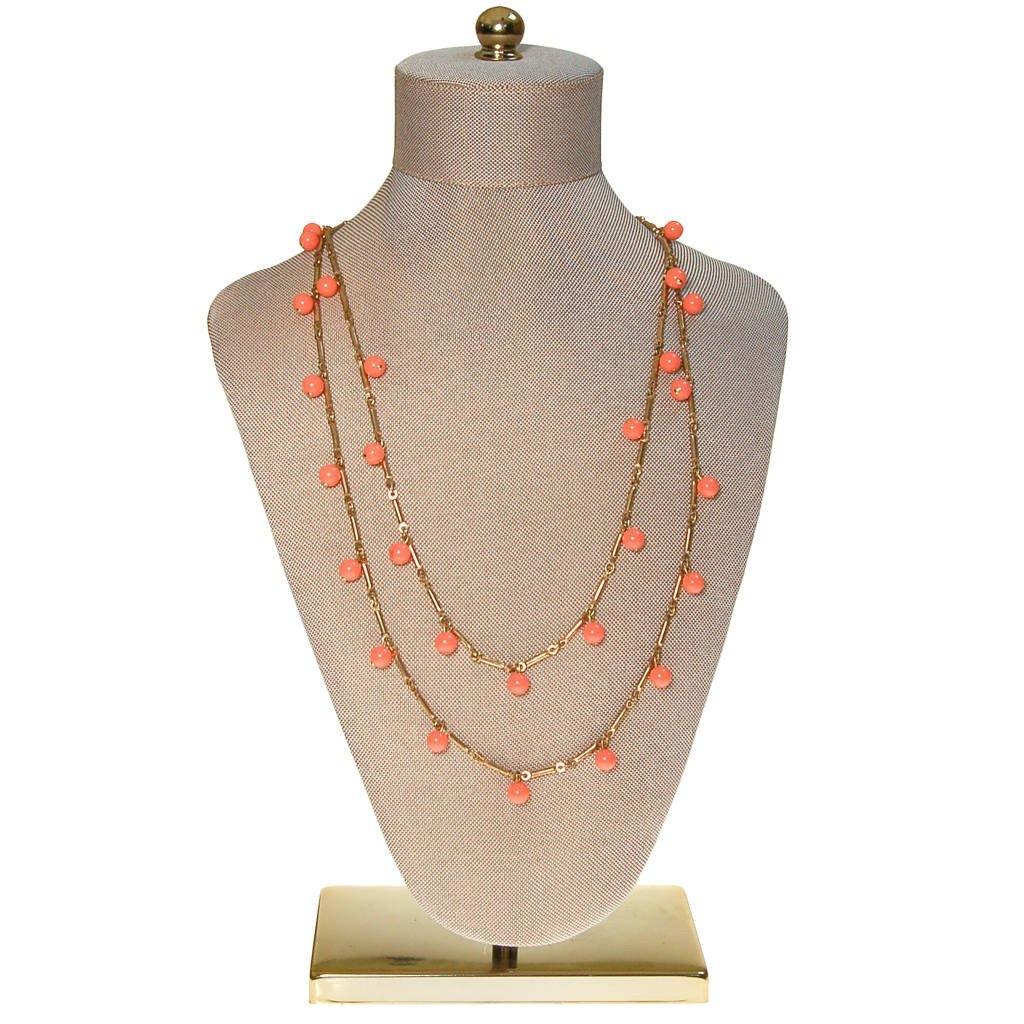 Long Gold Necklace with Coral Orange Beads that Dangle by unsigned - Vintage Meet Modern Vintage Jewelry - Chicago, Illinois - #oldhollywoodglamour #vintagemeetmodern #designervintage #jewelrybox #antiquejewelry #vintagejewelry