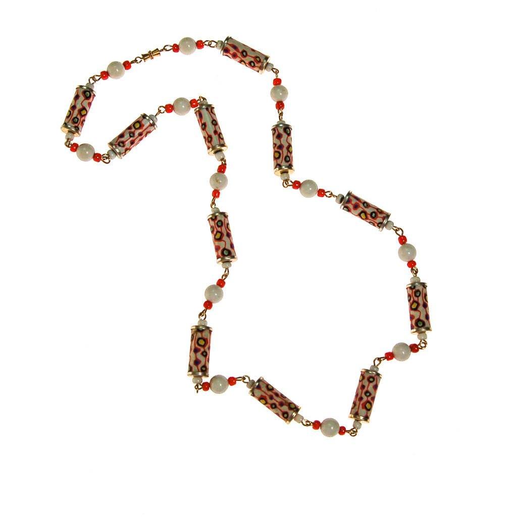 Mod Colorful Tube Bead Necklace, White, Orange, Blue, Yellow by 1960s - Vintage Meet Modern Vintage Jewelry - Chicago, Illinois - #oldhollywoodglamour #vintagemeetmodern #designervintage #jewelrybox #antiquejewelry #vintagejewelry